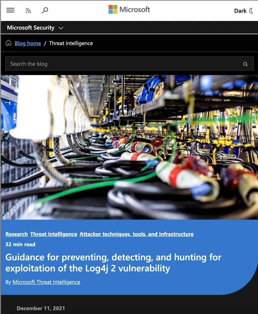 Microsoft Threat Intelligence Log4j article screenshot