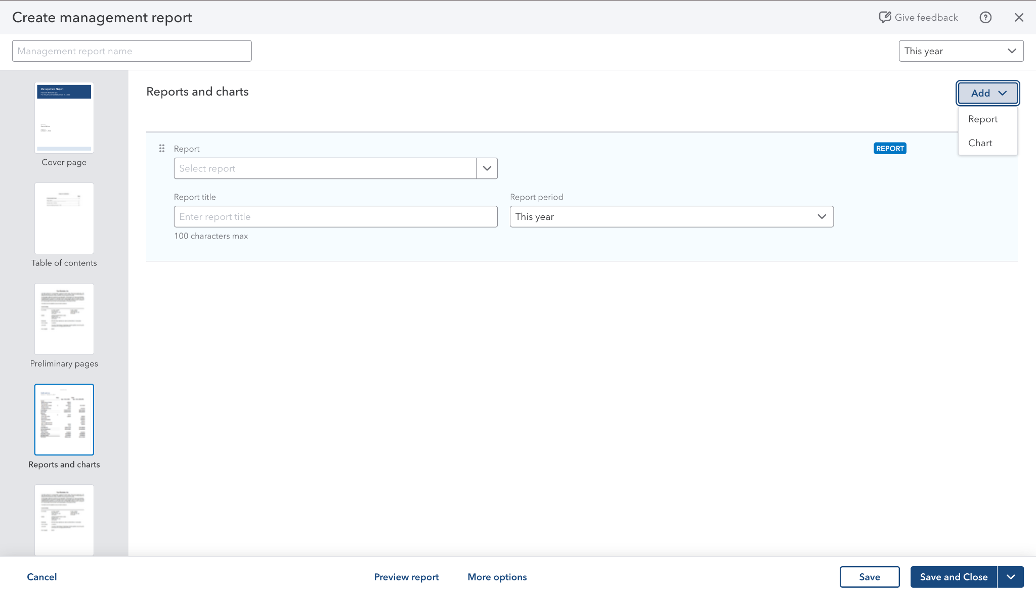 Legacy Management Reports editor with page thumbnails and a reports-and-charts form
